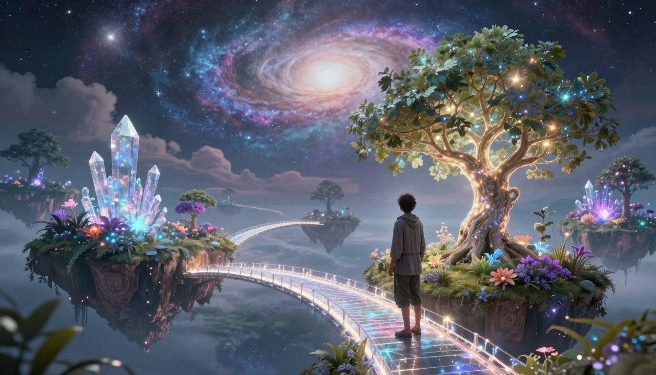 A person stands on a glowing path connecting floating islands with crystals and a luminous tree under a swirling galaxy.