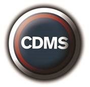CDMS logo, white text on dark blue circle with red ring and metallic border.