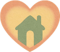 Green house icon inside a peach heart shape on a light background