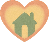 Green house icon inside a peach heart shape on a light background