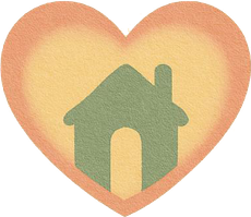 Green house icon inside a peach heart shape on a light background