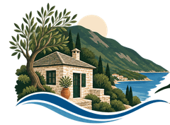 Stone cottage by a blue sea with trees, hills, and a winding shoreline under a soft sun.