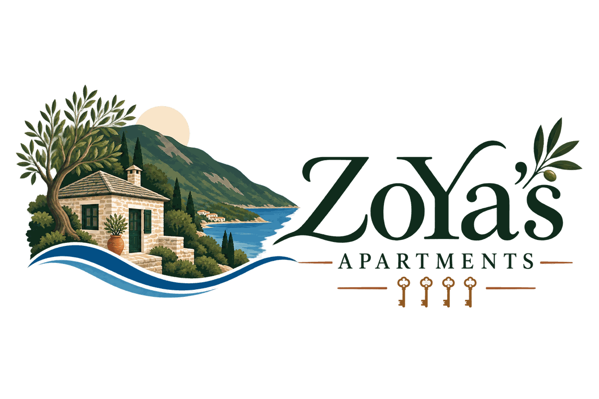 ZoYa’s Apartments logo with a coastal house, mountains, trees, and blue waves