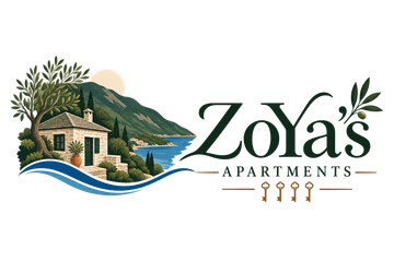 ZoYa’s Apartments logo with a rustic house, green hillside, and blue water