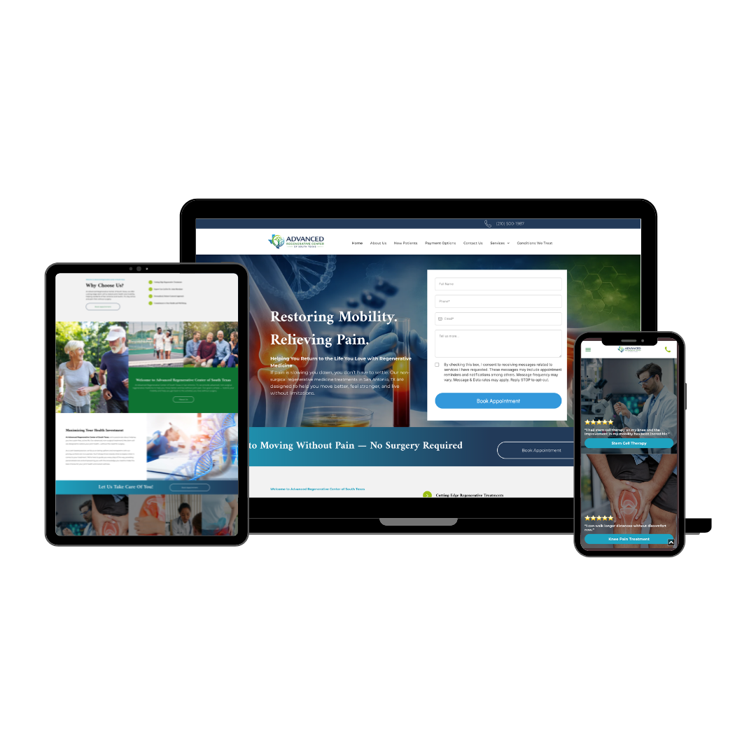 Responsive website displayed on a tablet, desktop monitor, and smartphone.