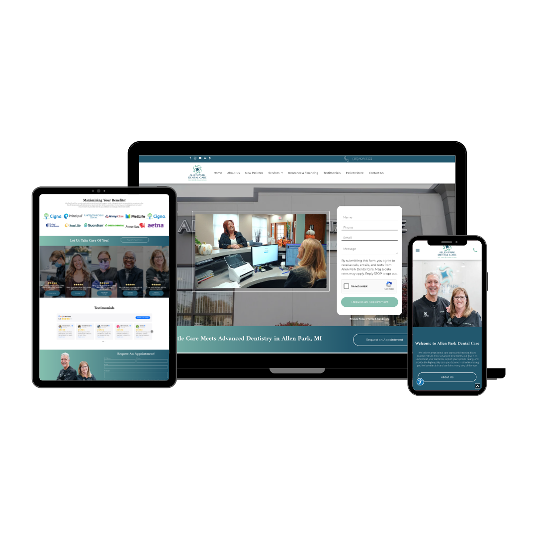 Website shown on laptop, tablet, and phone with a family video call interface