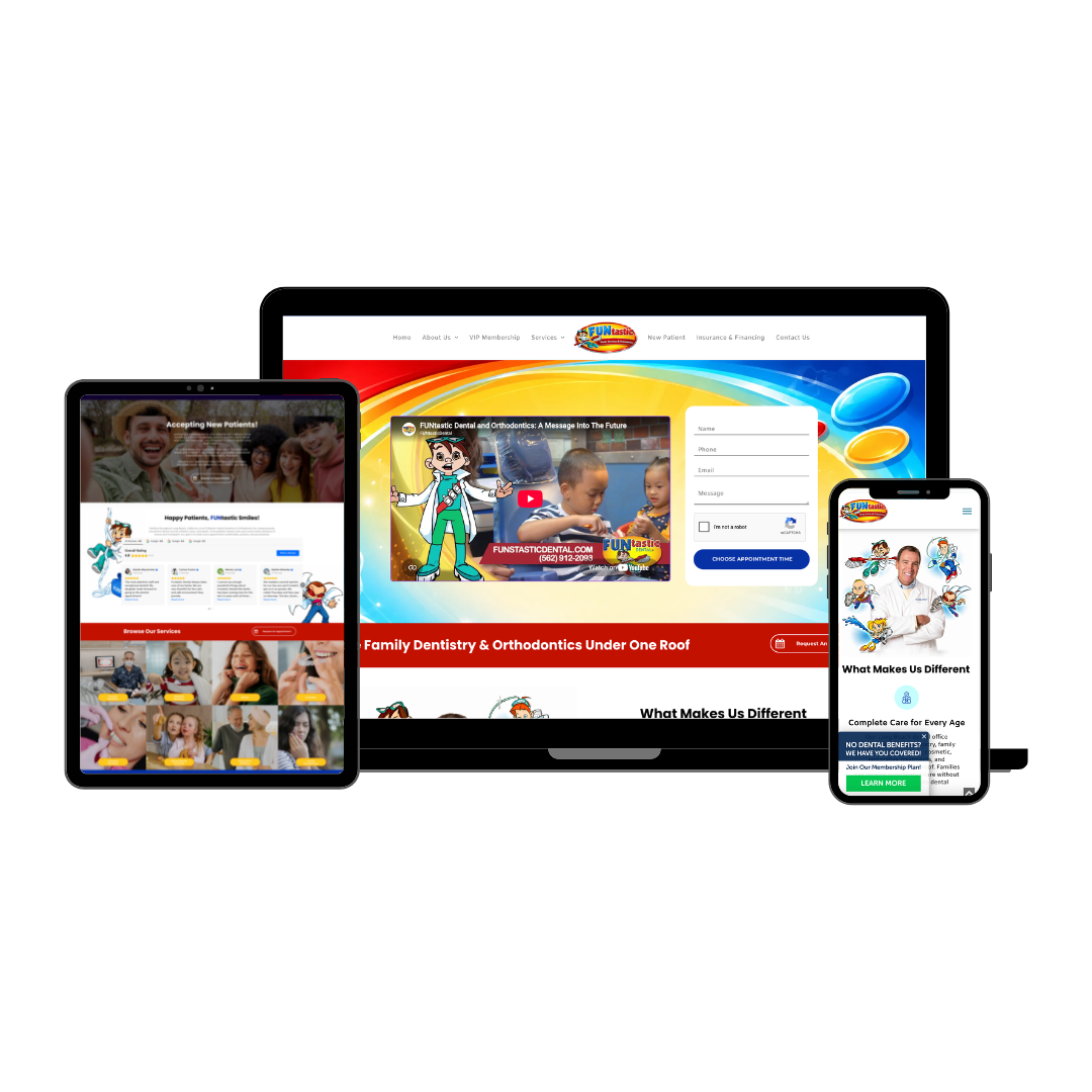 Website displayed across laptop, tablet, and phone with colorful educational graphics and login panel