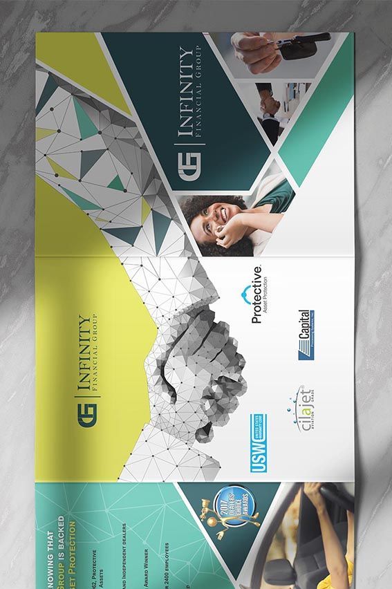 Galleria-branded promotional flyer with geometric teal, yellow, and white panels and tech/business imagery