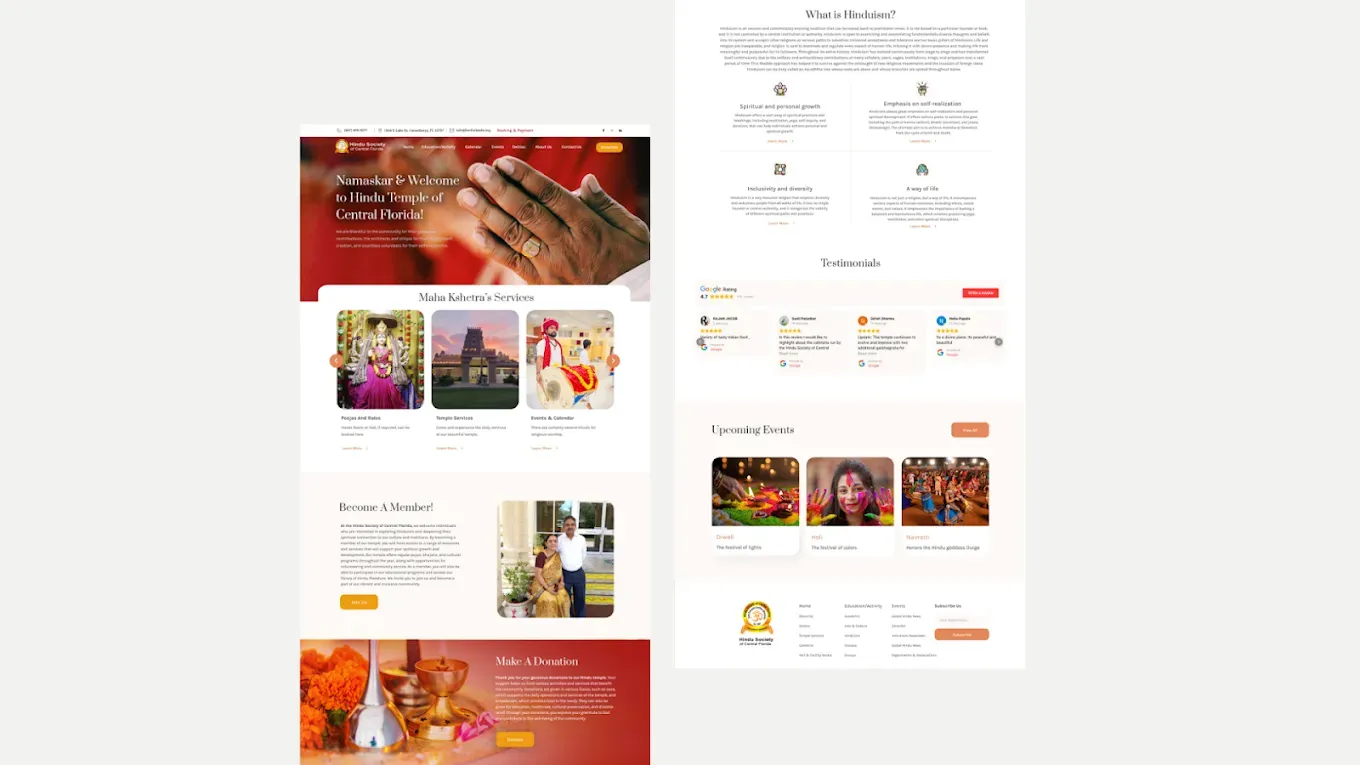 Website mockup with red floral banner, photo cards, and a clean white layout with icons and testimonials