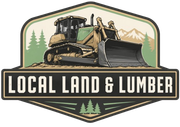 Logo of a bulldozer with trees and mountains, reading &ldquo;LOCAL LAND & LUMBER&rdquo;
