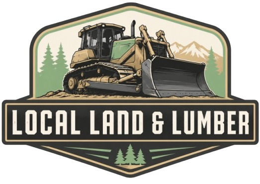Logo of a bulldozer with trees and mountains, reading &ldquo;LOCAL LAND & LUMBER&rdquo;