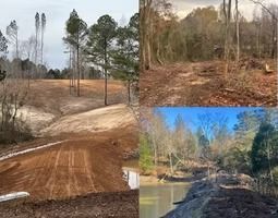 Collage of a dirt road and muddy creek crossings with cut trees and wooded banks in a rural area