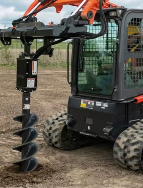 Compact track loader with a hydraulic auger drilling into dirt