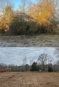 Before-and-after construction site with brush, then cleared dirt lot and excavator in the distance