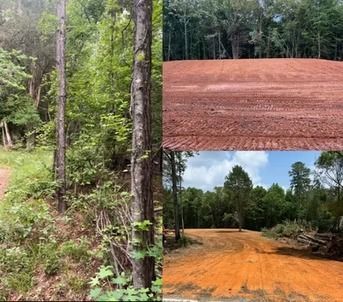 Before-and-after view of a wooded area cleared into orange dirt roads and a leveled red clay lot