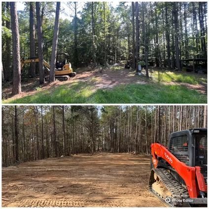 Before-and-after forest clearing with a yellow excavator and an orange skid steer in a wooded lot.