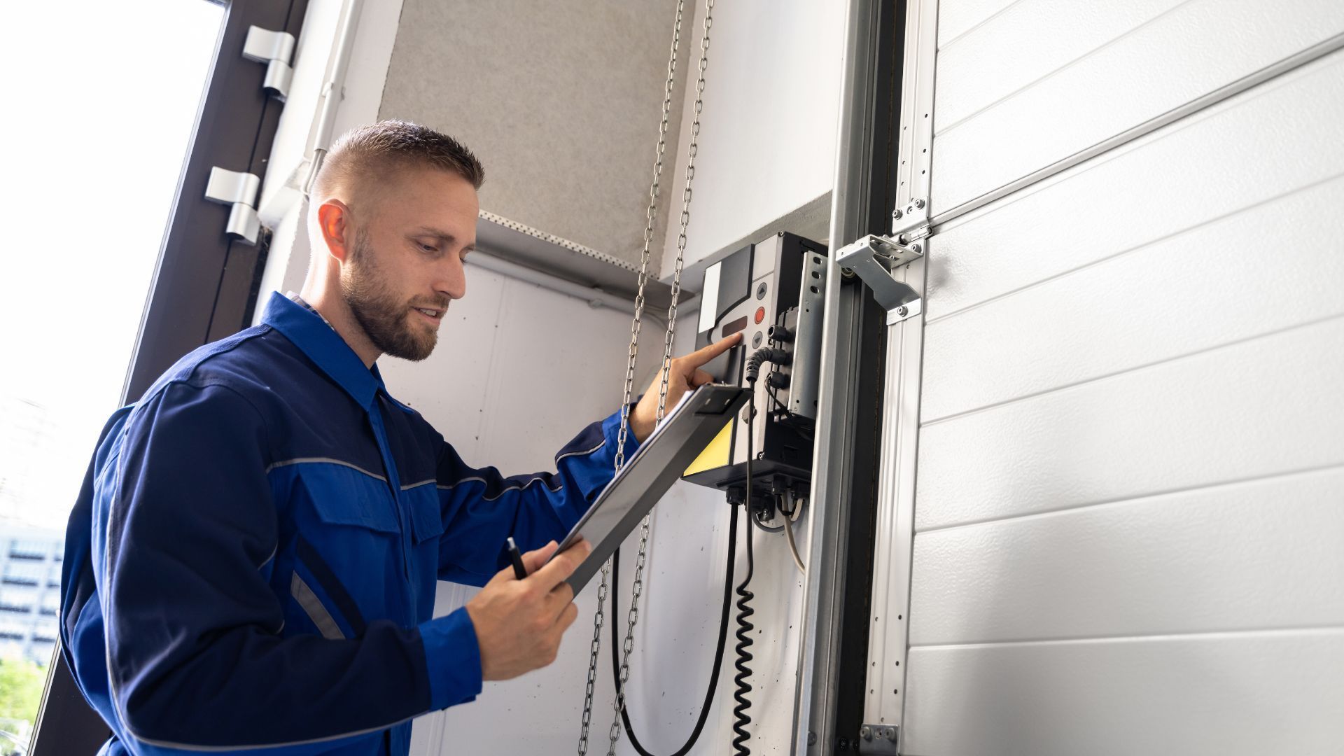 A man is working on a garage door with a tablet.