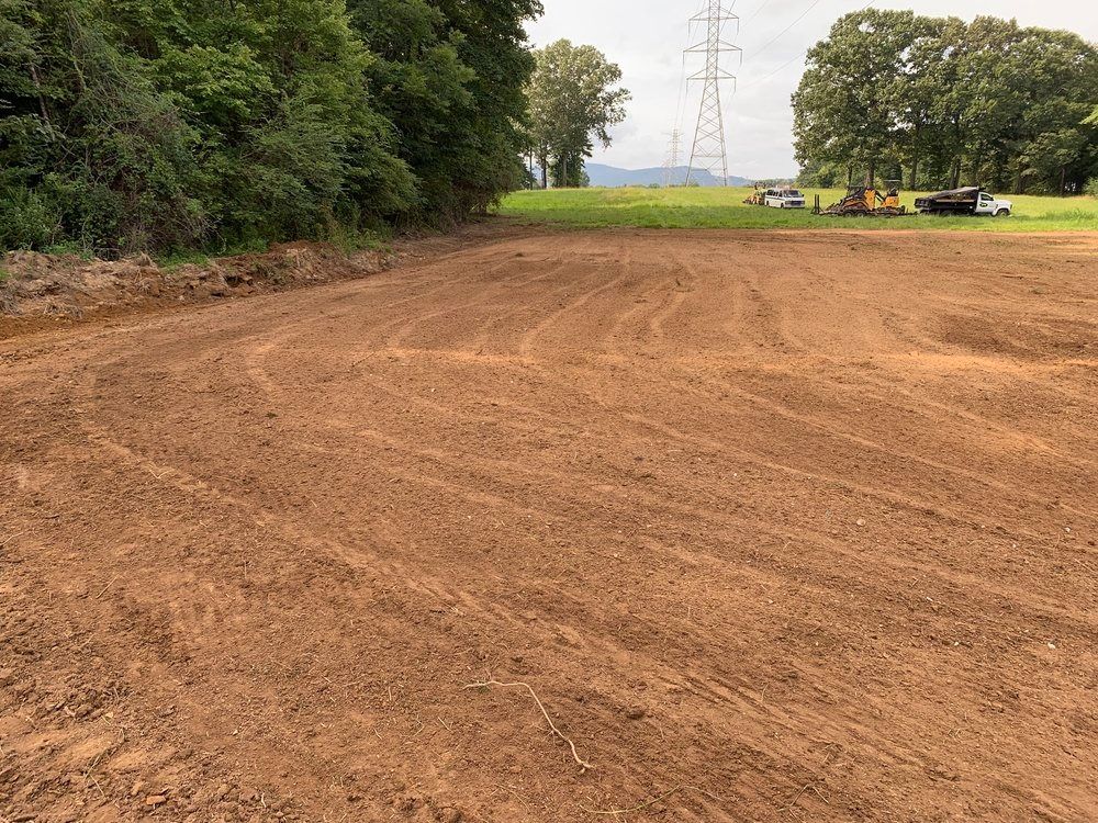 Brown dirt field beside trees, with a power tower in the distance under a cloudy sky
