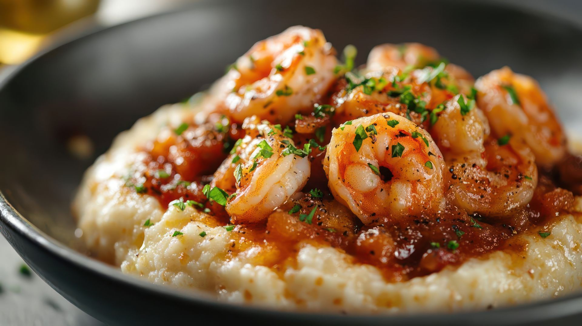 Shrimp and grits in a black bowl, shrimp in reddish sauce, topped with parsley.