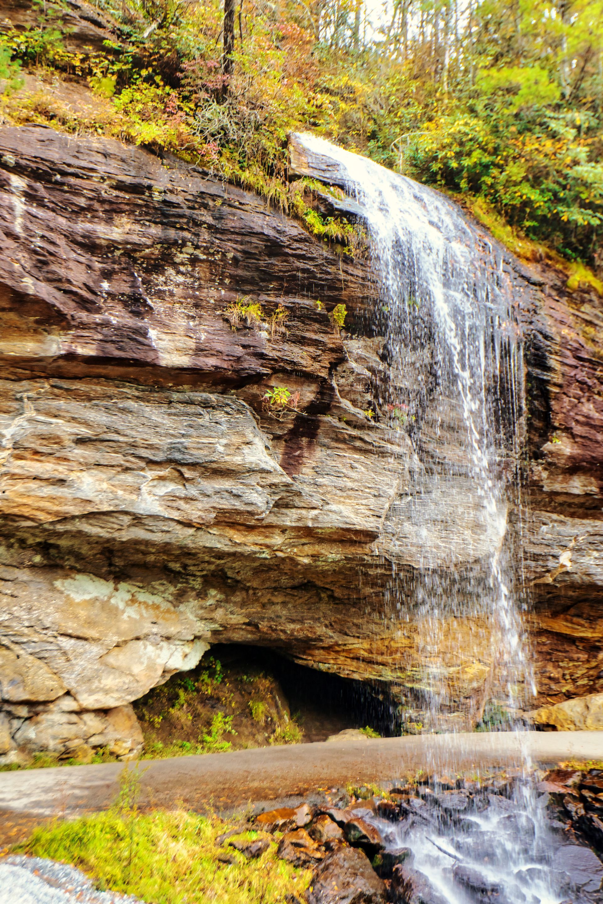 Waterfall cascading over a layered rock face, surrounded by fall foliage.
