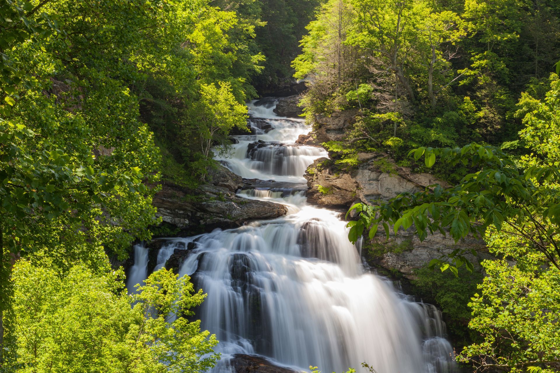 Waterfall cascading over rocks in a lush green forest.