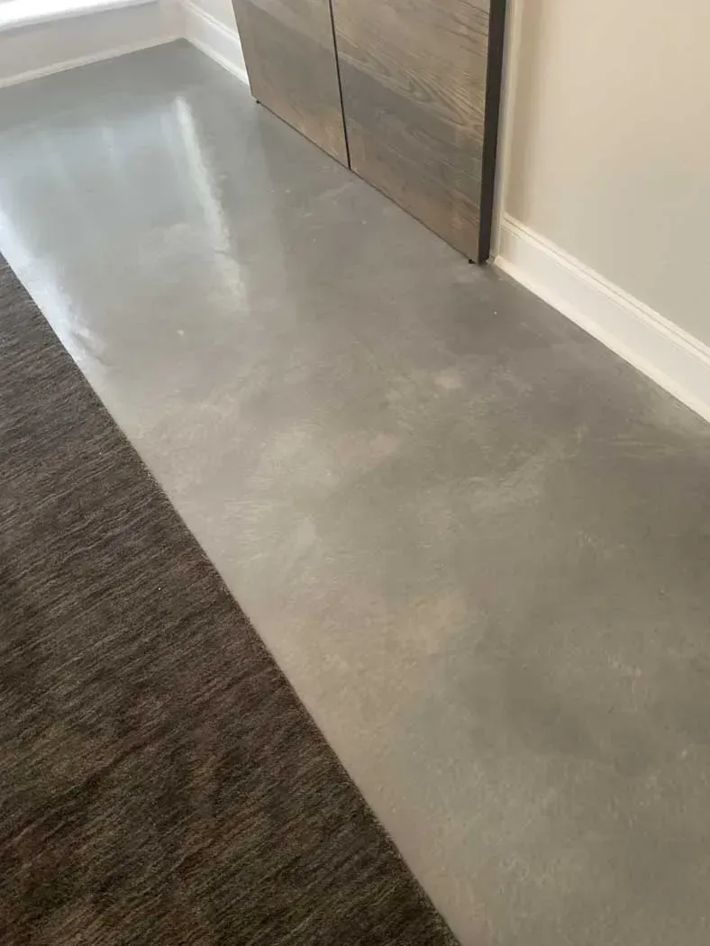 Gray concrete floor next to a dark brown rug and a light gray door.