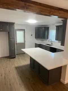 Modern kitchen with gray cabinets, white countertops, and wood floors.