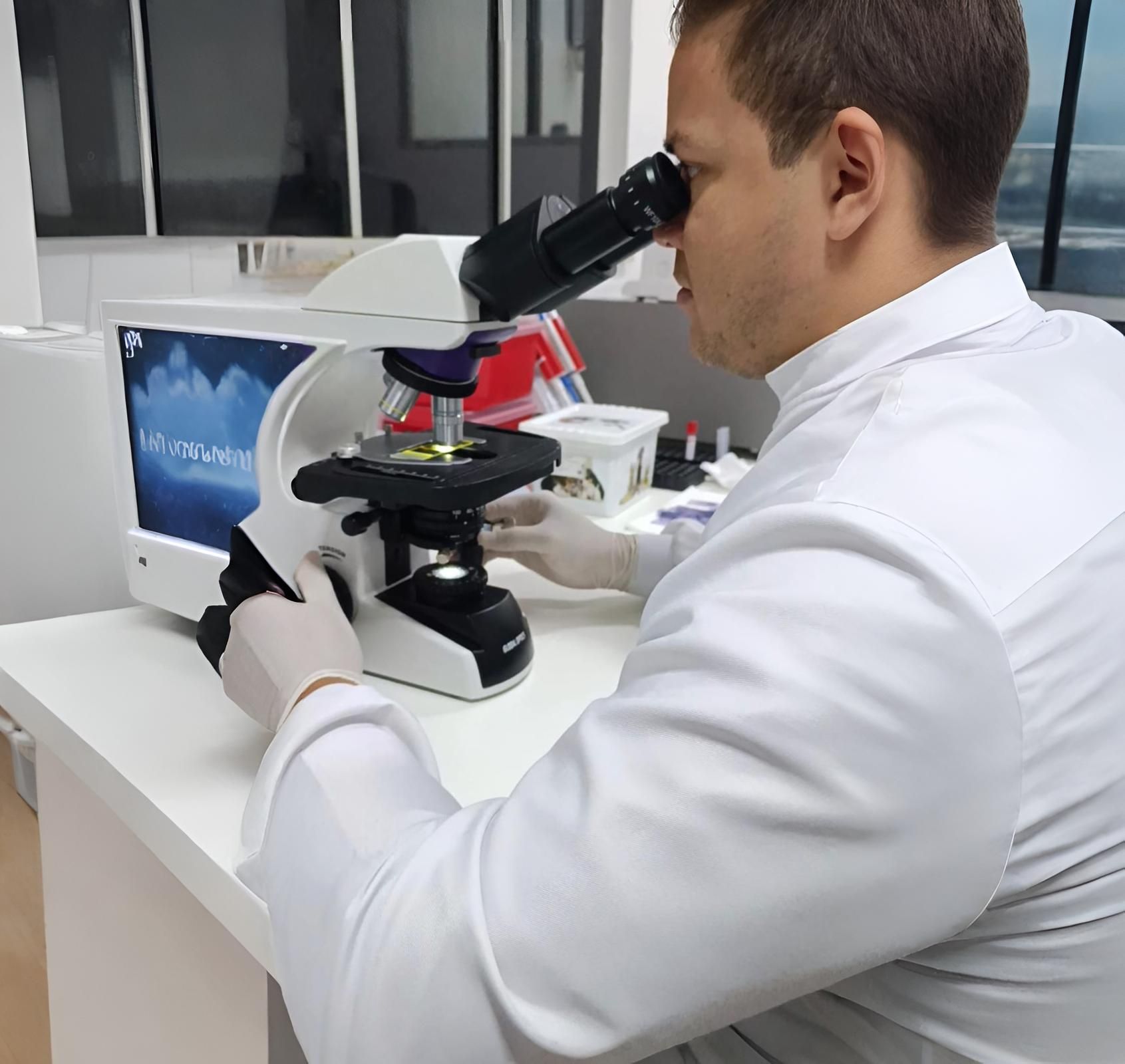 Consultório veterinário: Mesa com computador, fichas e prateleiras. Parede azul-clara.