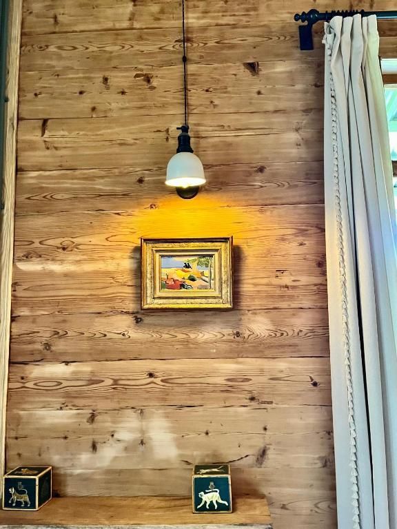 Private bedroom detail: wooden wall with a picture on it and a lamp hanging from it. Shromantic Garden.