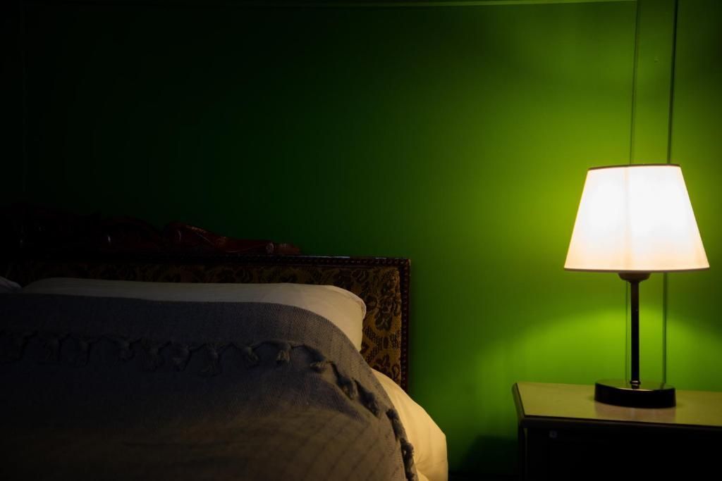 Shromantic Garden Triple room with private bedroom with a bed , nightstand , lamp and green walls.