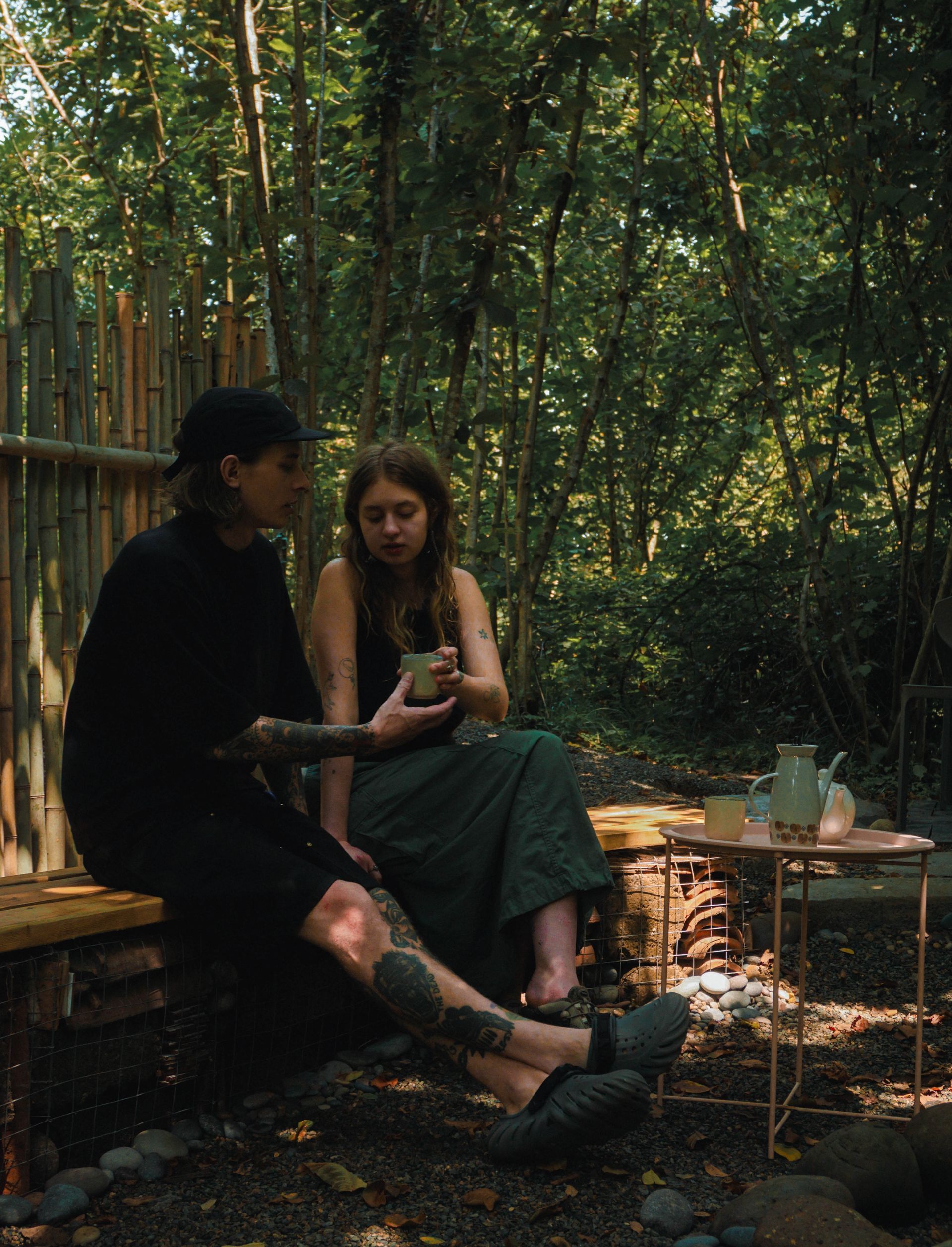 Private fire pit area for off-grid cabin guests, Shromantic Garden forest retreat Guria