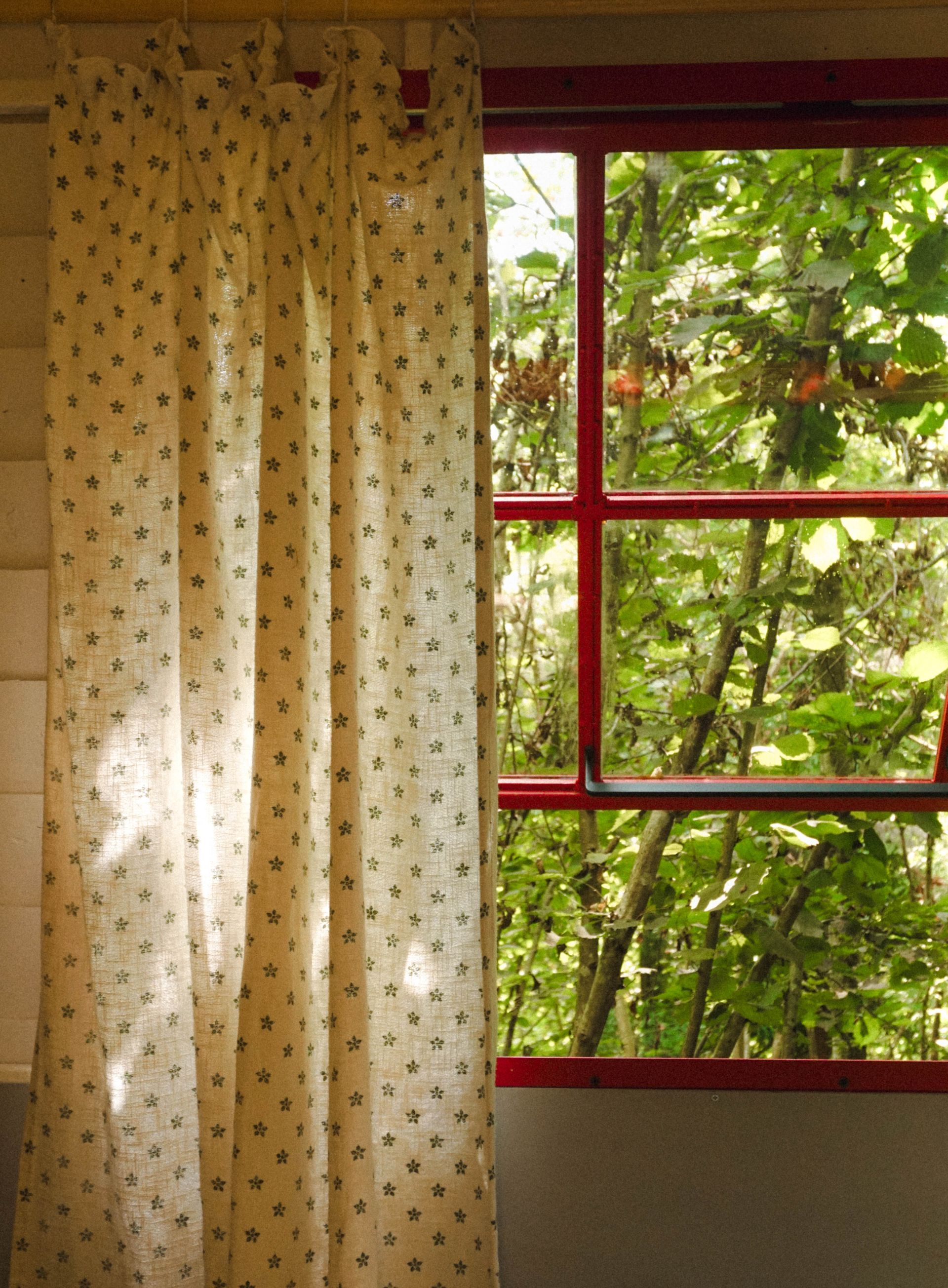 Forest view from a cabin window, off-grid tiny house at Shromantic Garden Guria