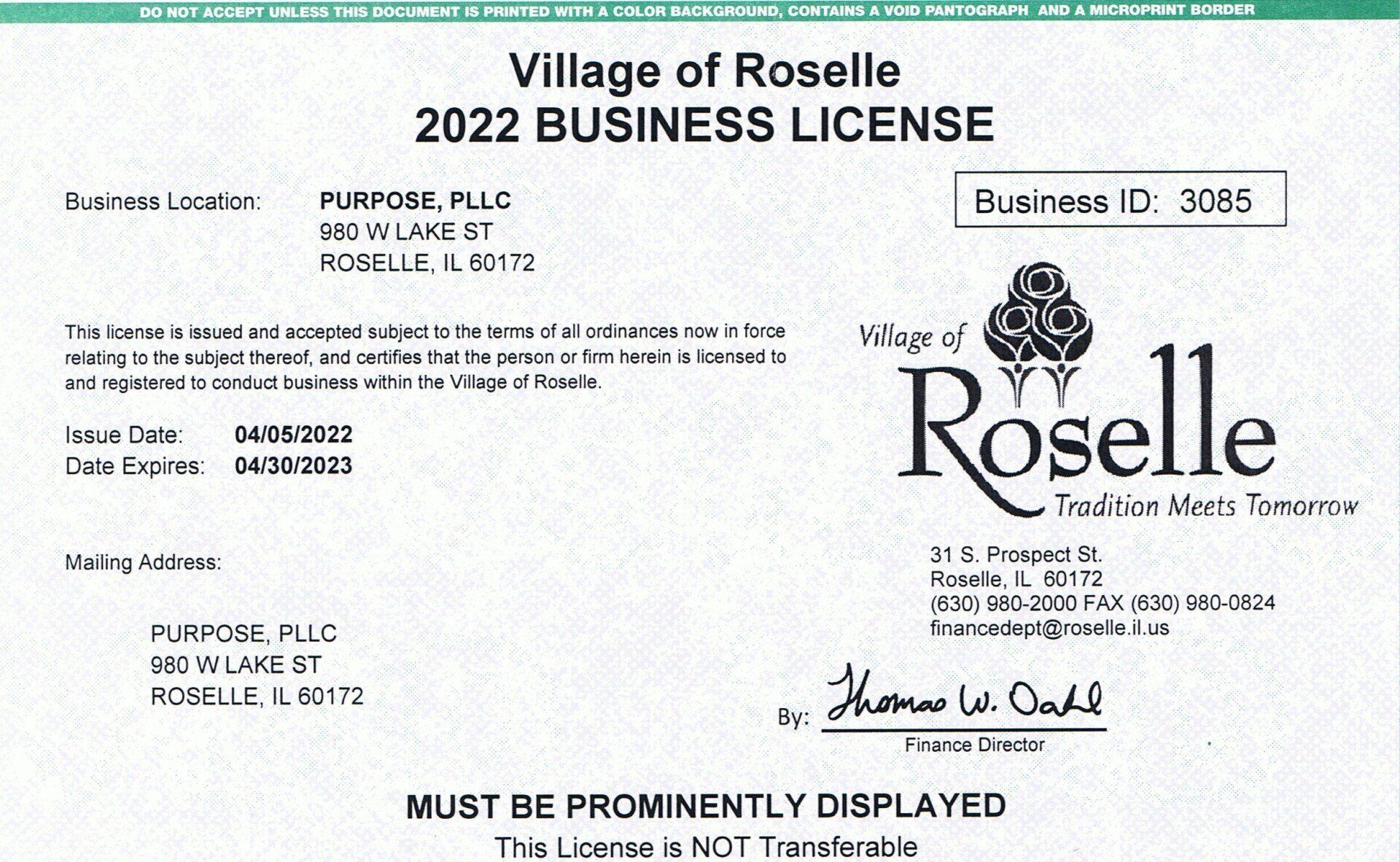 A 2022 business license for the village of roselle