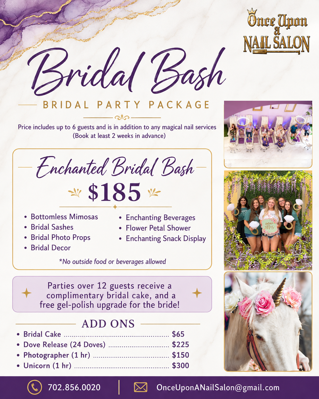 Bridal bash flyer for Tif’s Urban Nail Salon with package prices, add-ons, and bridal party photos