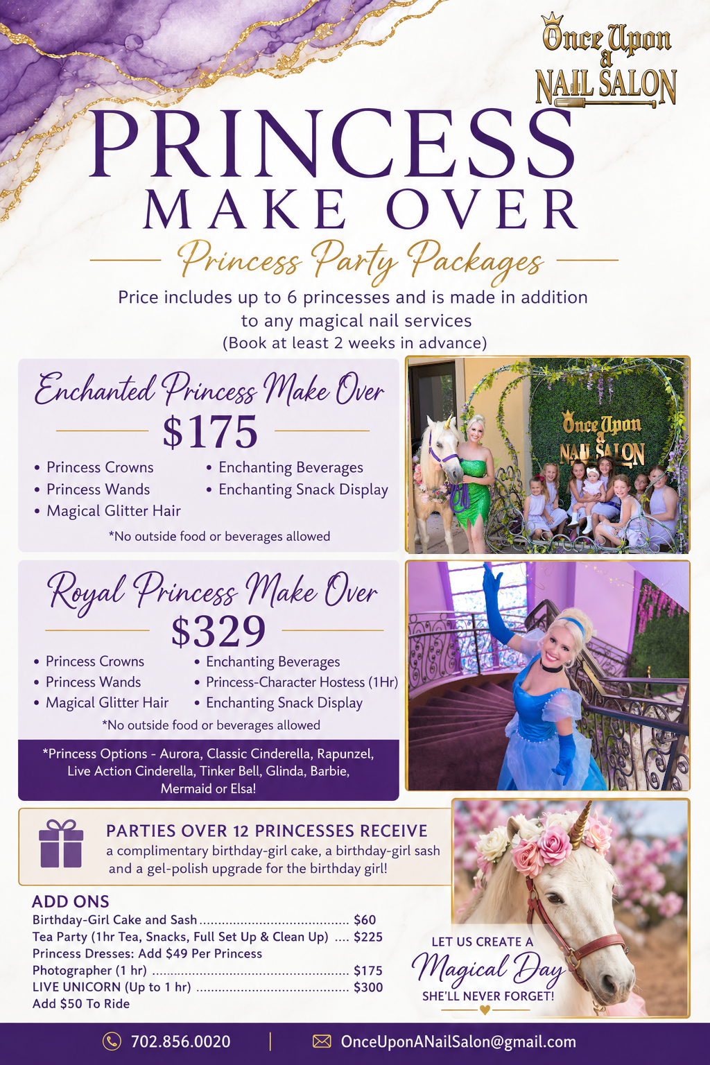 Princess makeover salon flyer with pricing, purple accents, and photos of girls in costumes and glitter makeup