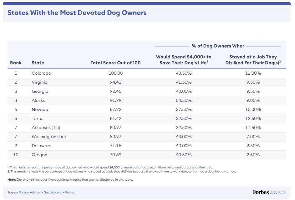 Chart of states with most devoted dog owner, Virginia is ranked second.