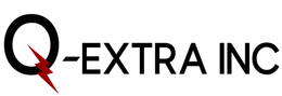 The logo for q-extra inc has a lightning bolt on it.