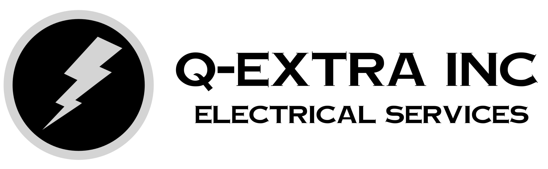 The logo for q-extra inc electrical services has a lightning bolt in a circle.