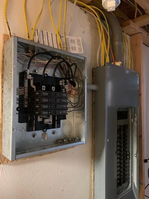 A electrical box with a lot of wires coming out of it is hanging on a wall.