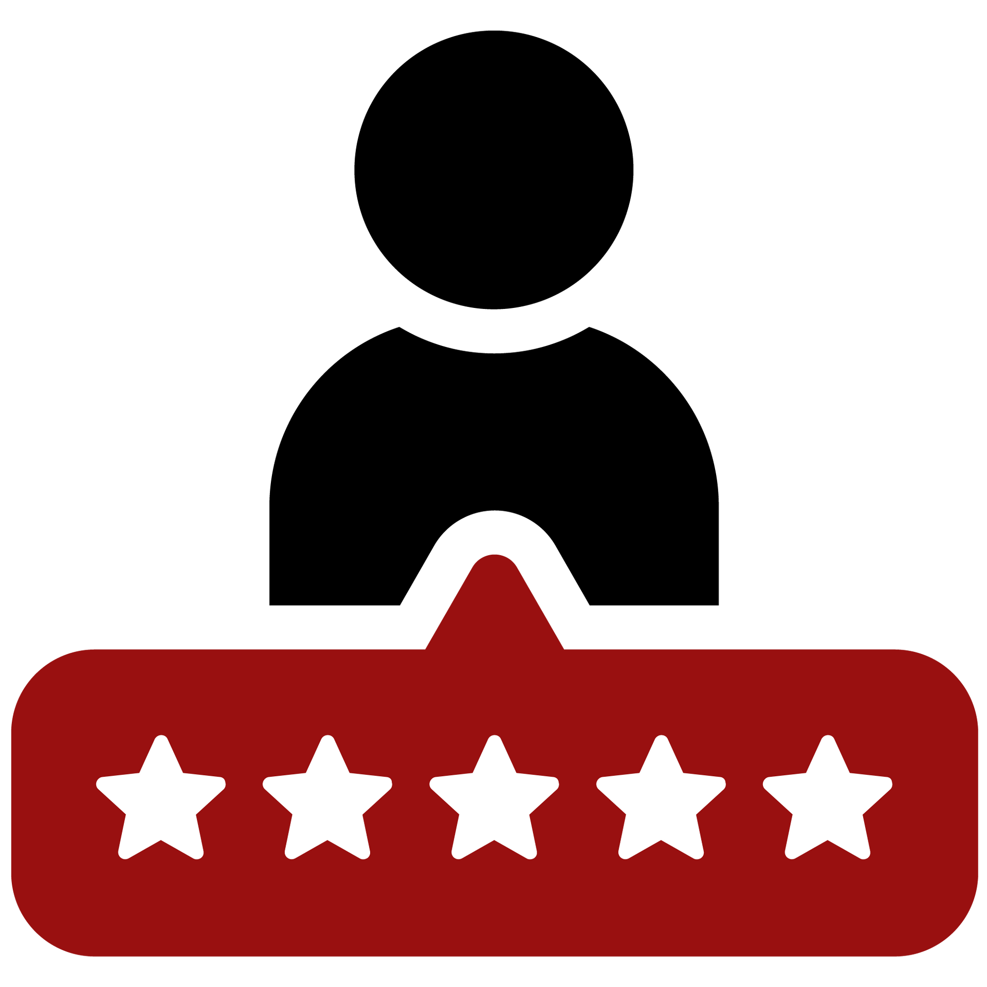 A person is standing next to a red speech bubble with five stars on it.