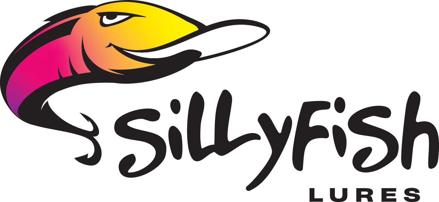 Logo of SillyFish Lures: cartoon fish with a yellow-orange head and pink tail; text