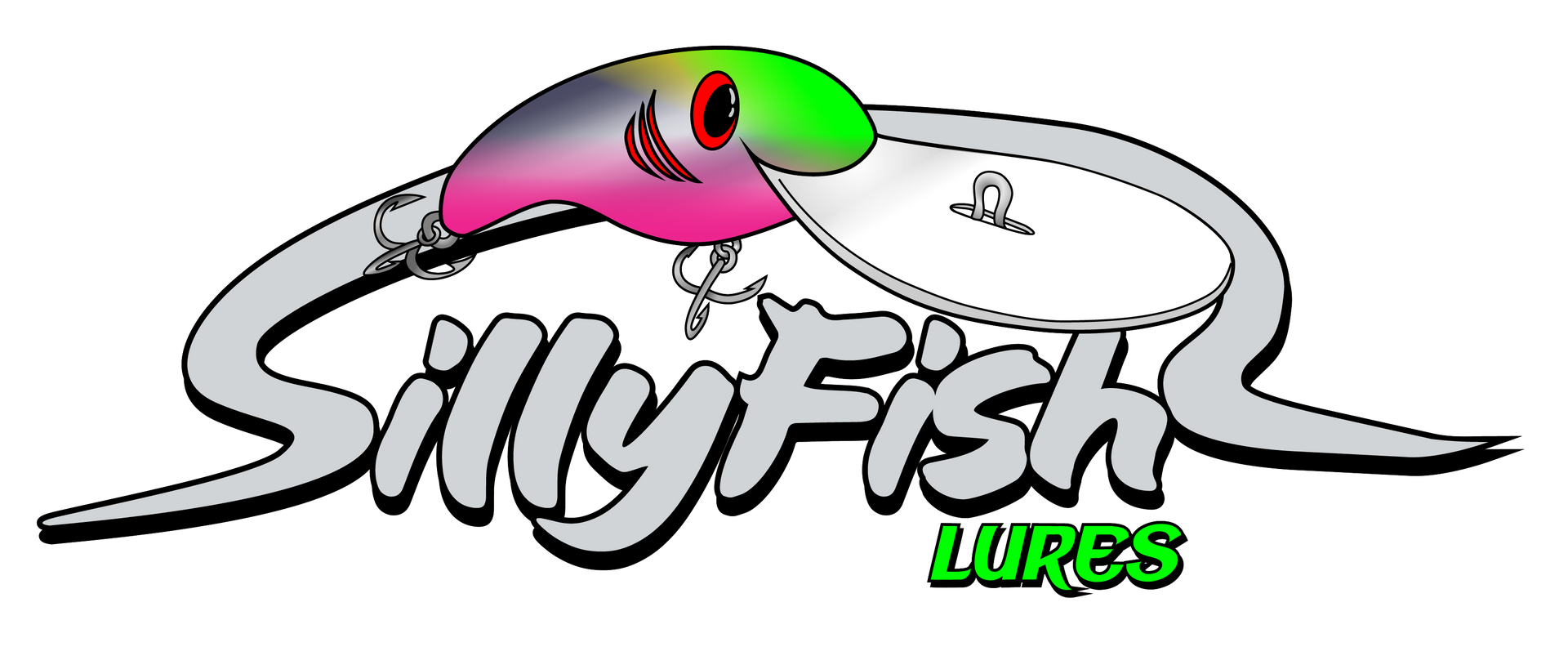 Logo for Silly Fish Lures, a stylized cartoon fishing lure with the name written below in large text.