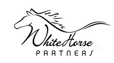 A black and white logo for white horse partners with a horse 's head and tail.