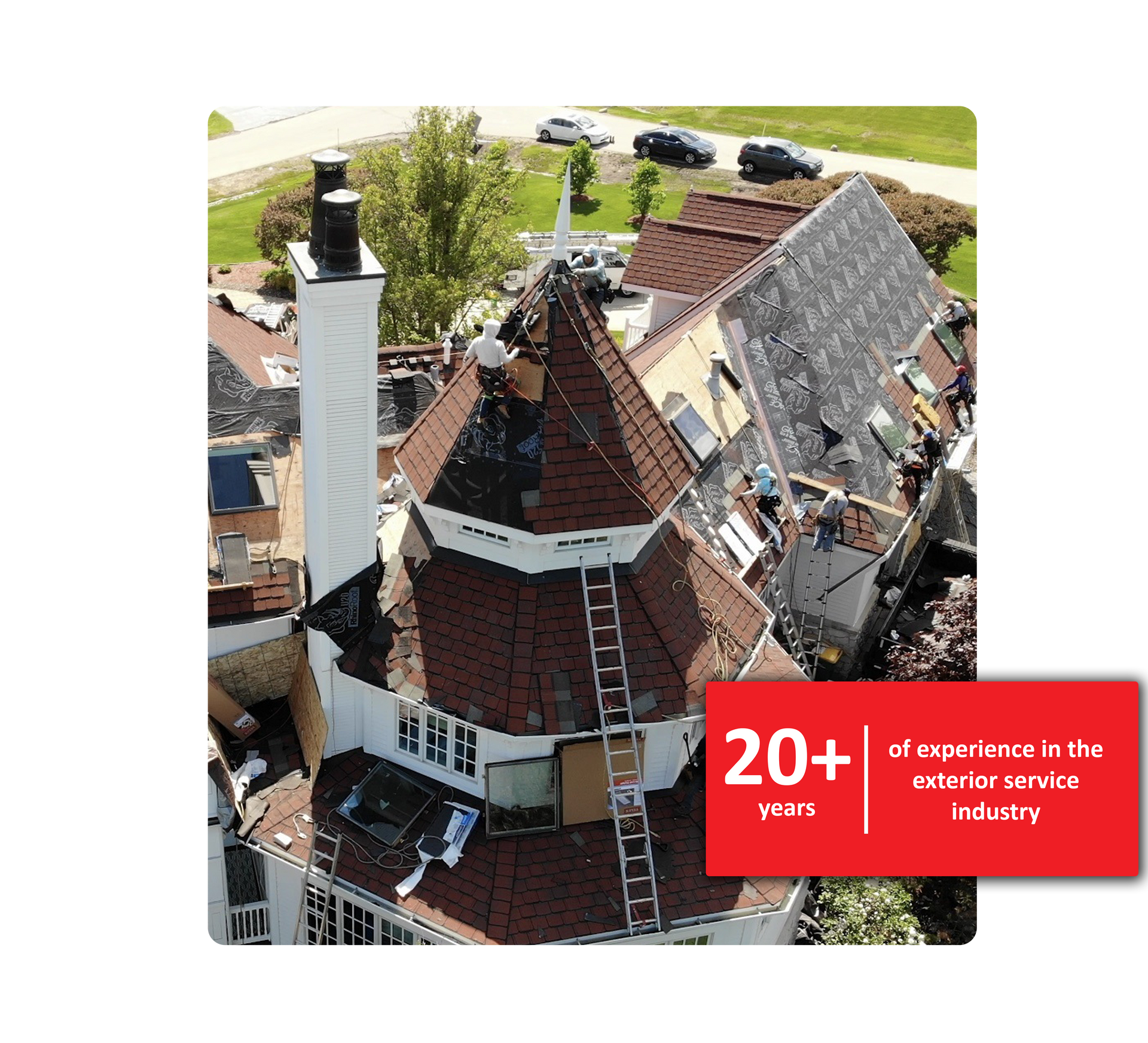 Aerial view of damaged roof with a ladder and the text 