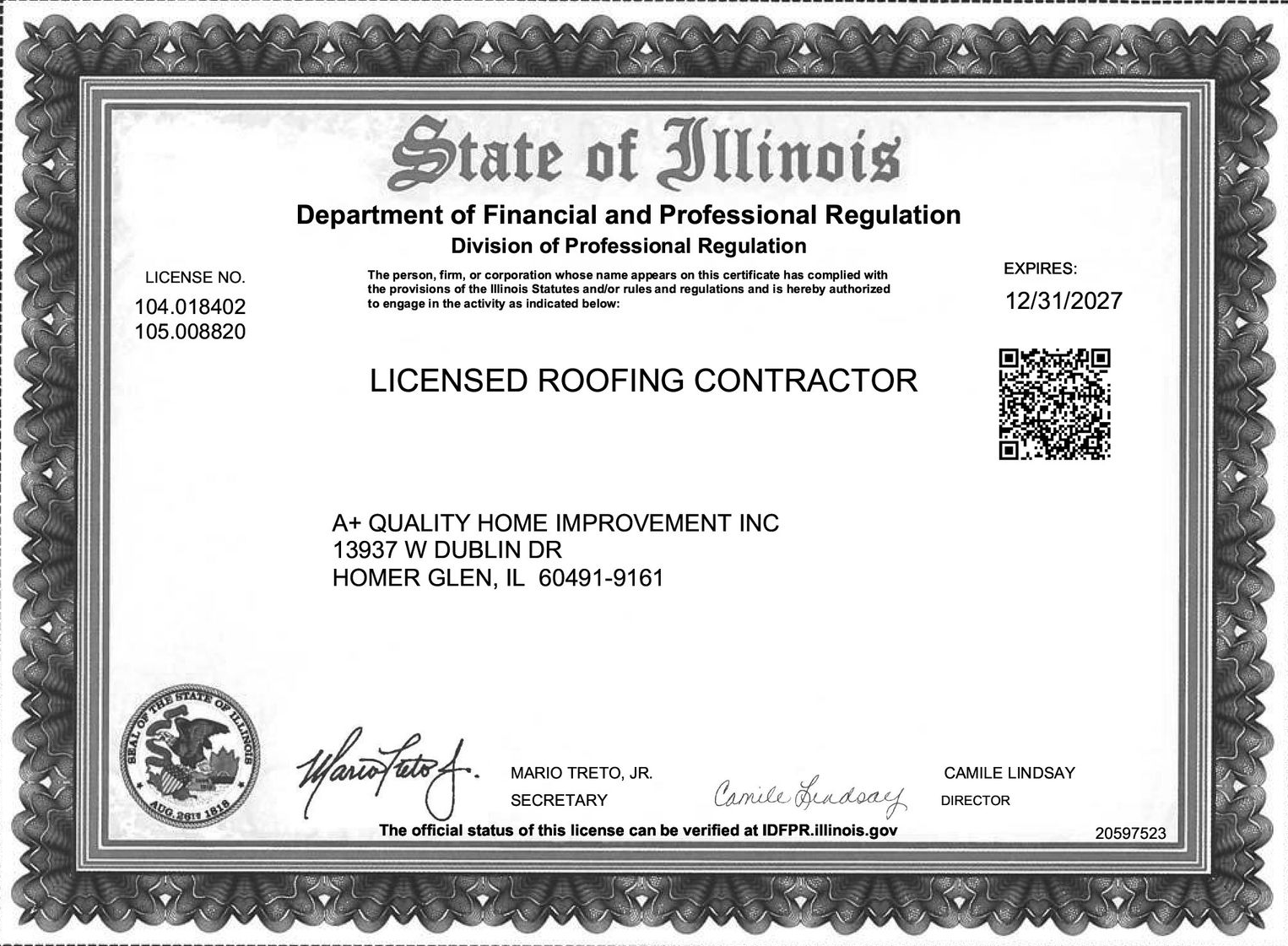 Illinois roofing contractor license from the Department of Financial and Professional Regulation.
