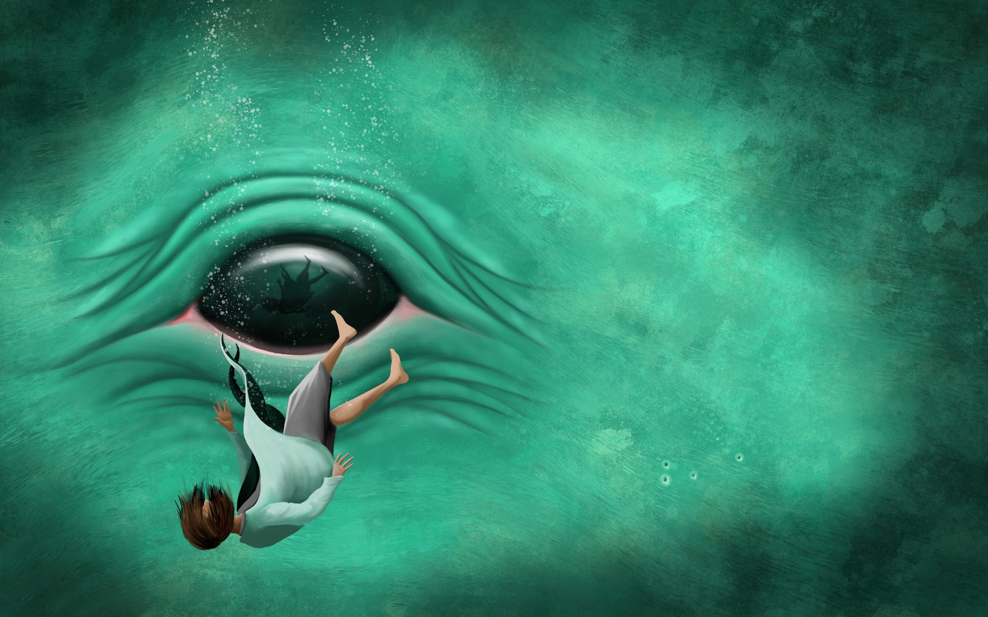 Een persoon valt richting een gigantisch, groen oog in troebel water.