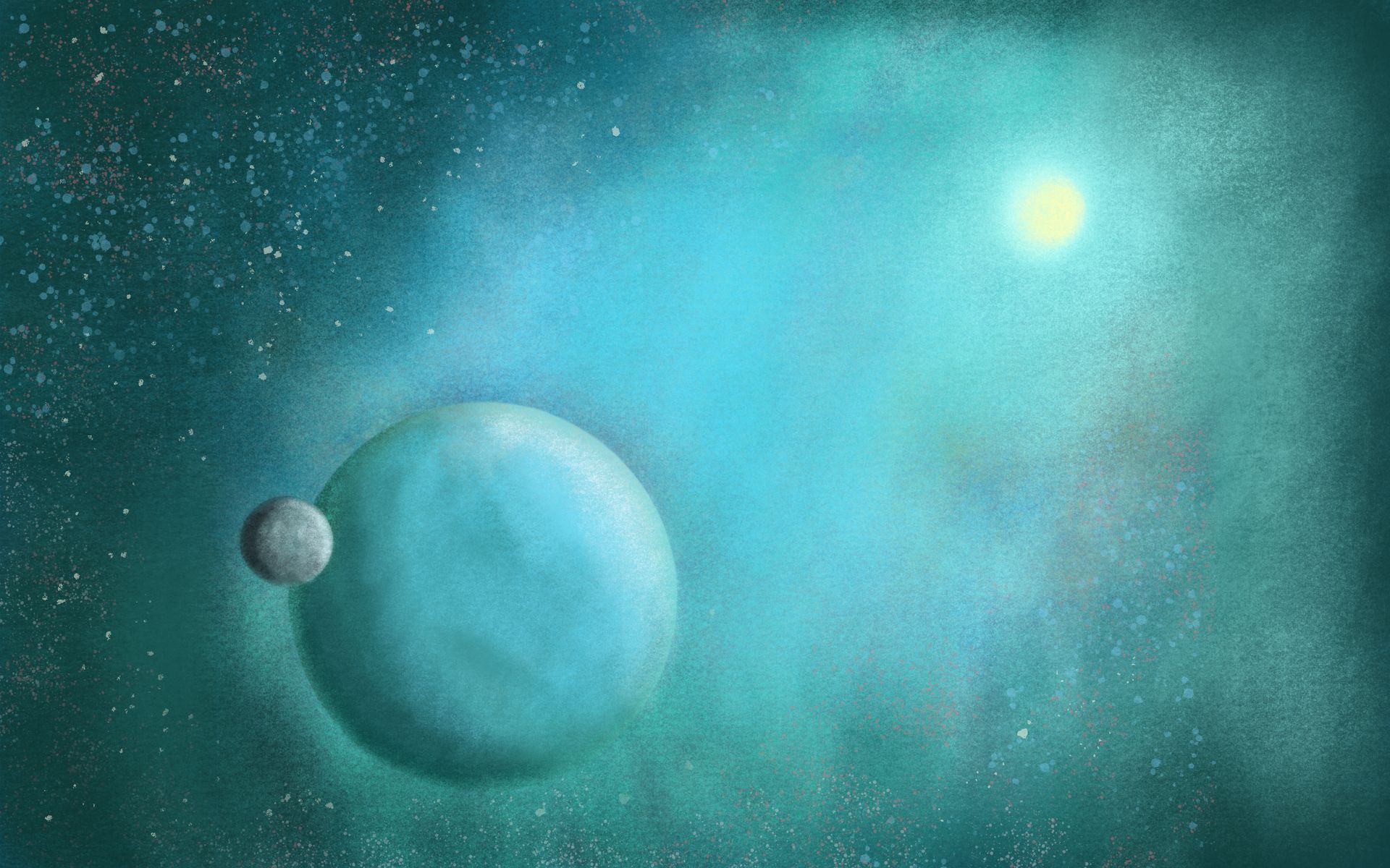 Ruimtescène: een turquoise planeet en maan met een heldere ster tegen een donkere, sterrenachtige achtergrond.