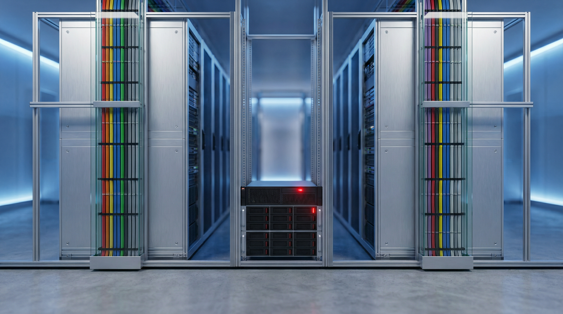 Modern data center aisle with blue server racks and glass cabinet doors