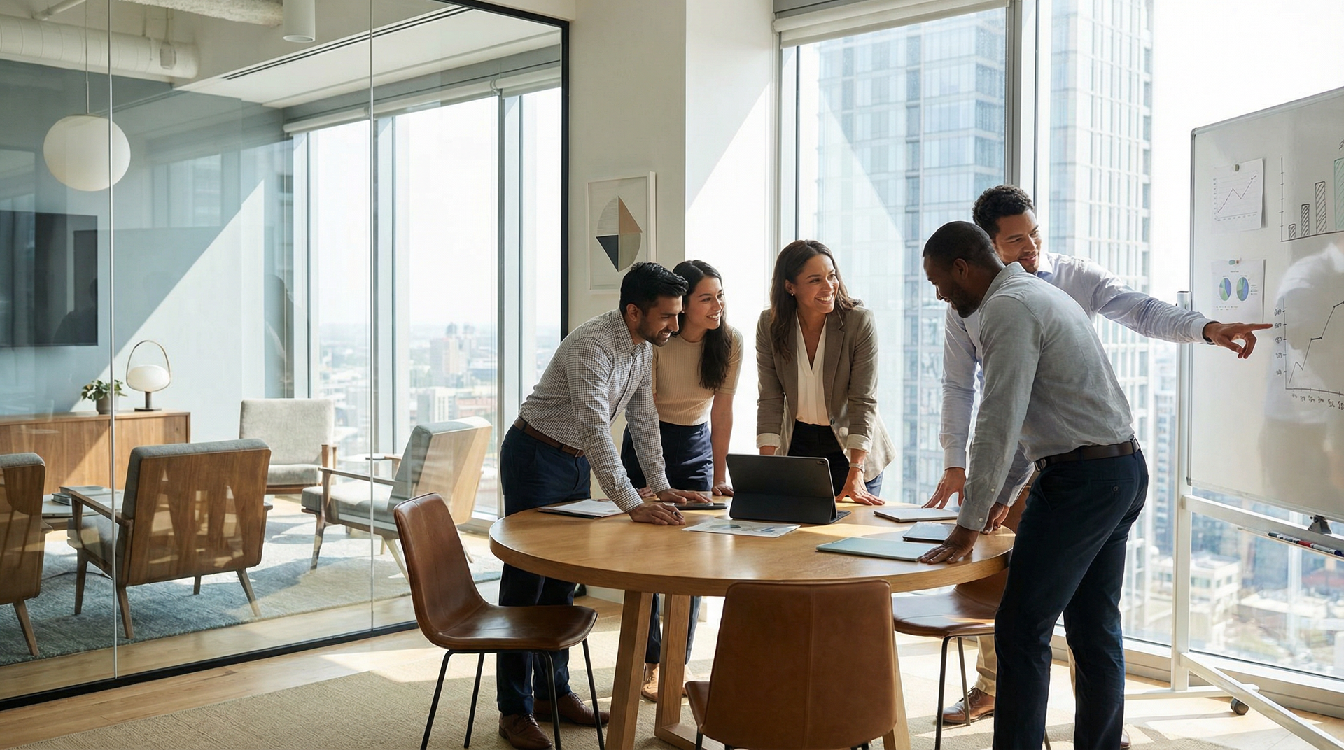 Colleagues gather around a table in a glass-walled conference room, reviewing plans on a whiteboard.