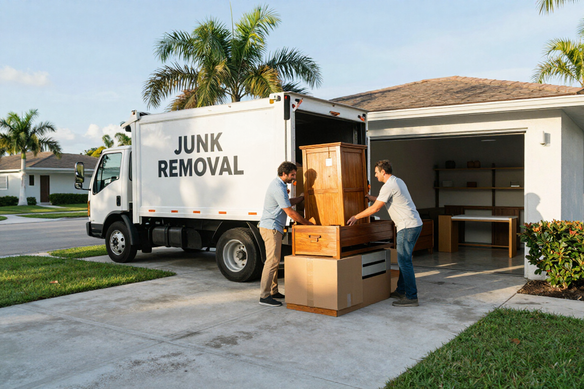 Residential garage cleanout with junk being loaded into a truck on a Florida driveway